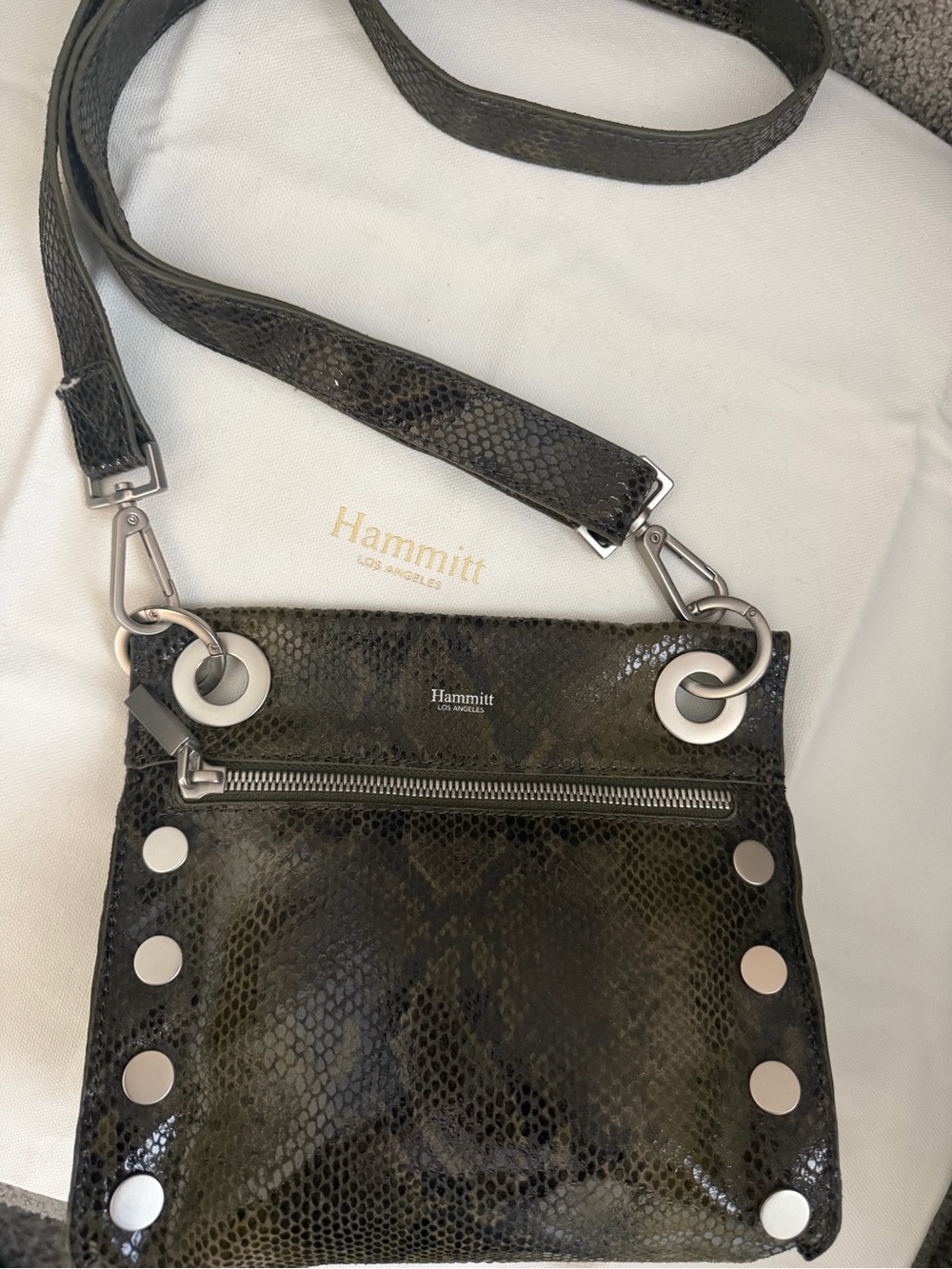 Hammitt Olive Green Snake-Embossed Crossbody with Silver Hardware